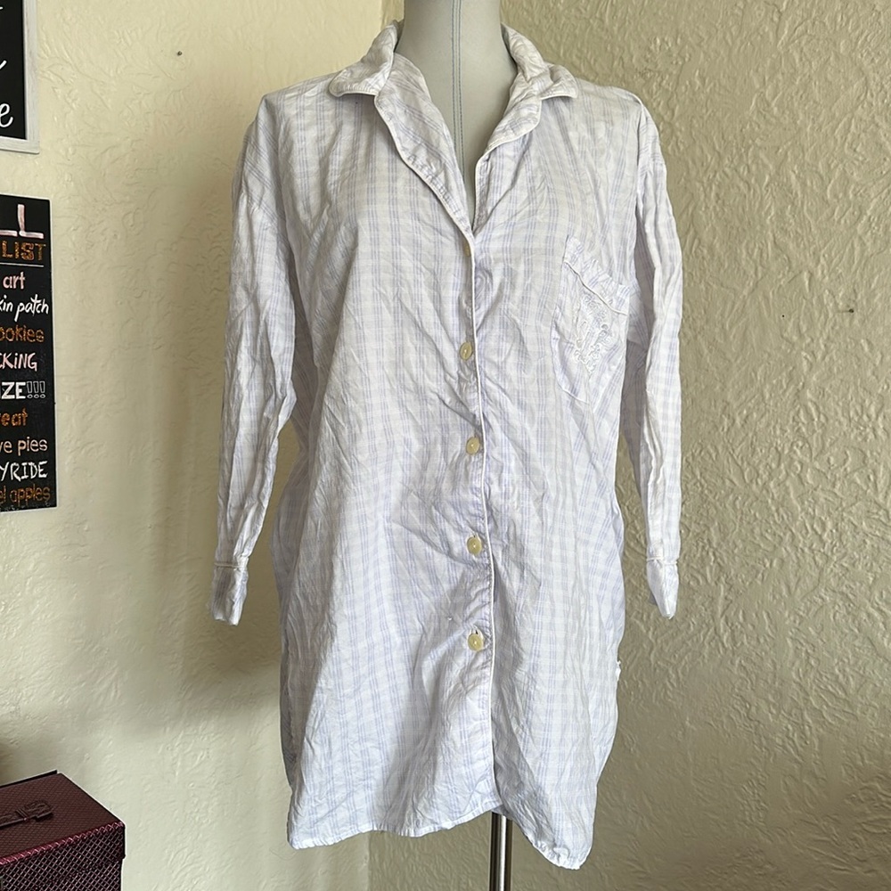 Victoria’s Secret Vintage Gold Label White Blue Plaid Embroidered Pocket Shirt